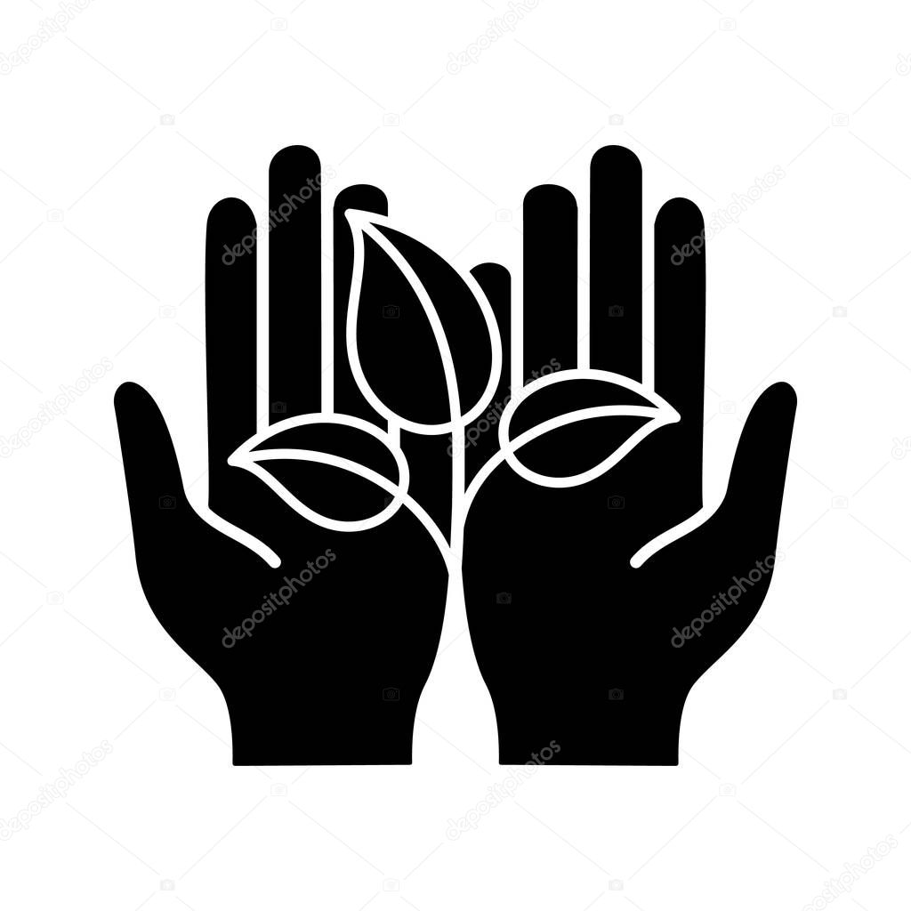 Greening glyph icon. Silhouette symbol. Environment protection. Open hand with sprout. Agriculture. Negative space. Vector isolated illustration