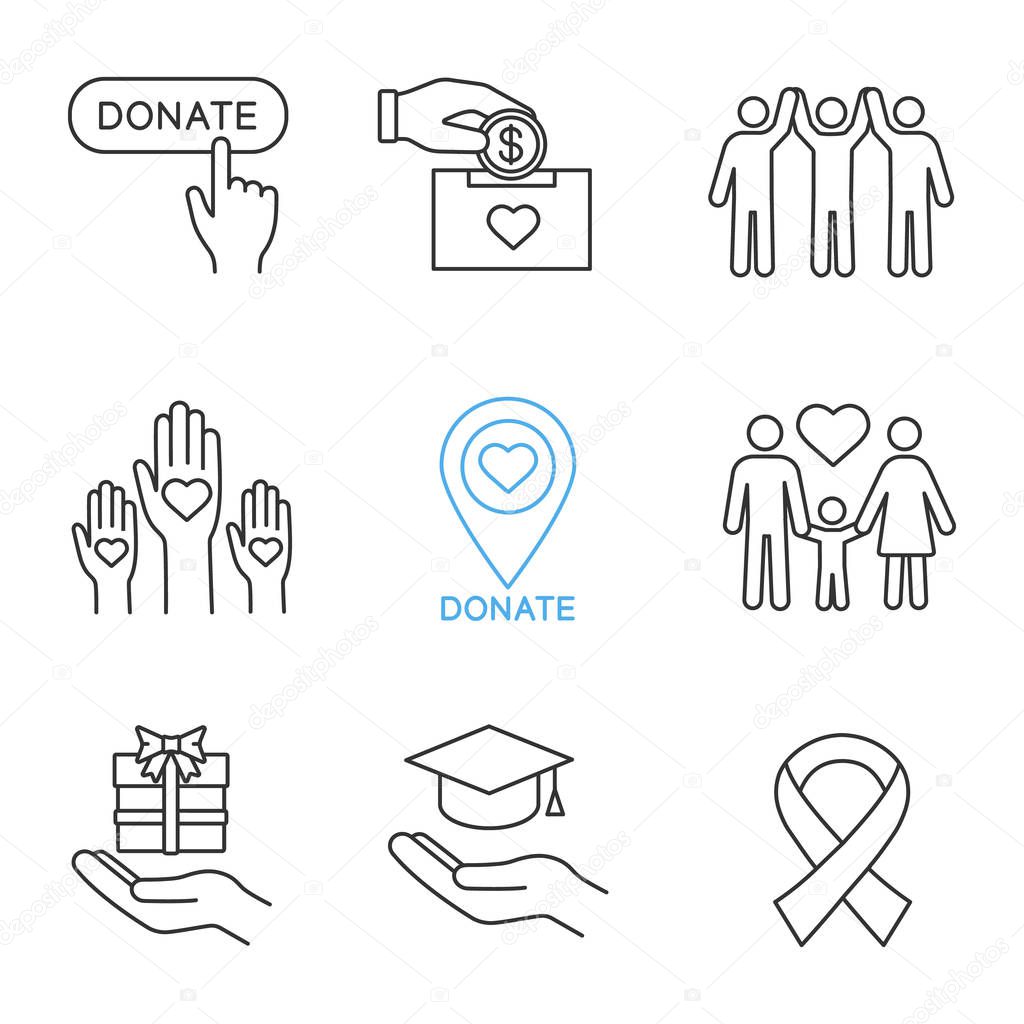 Charity linear icons set. Thin line contour symbols. Donate button, fundraising, charity organization location, family, gift, free education, anti HIV ribbon. Isolated vector outline illustrations
