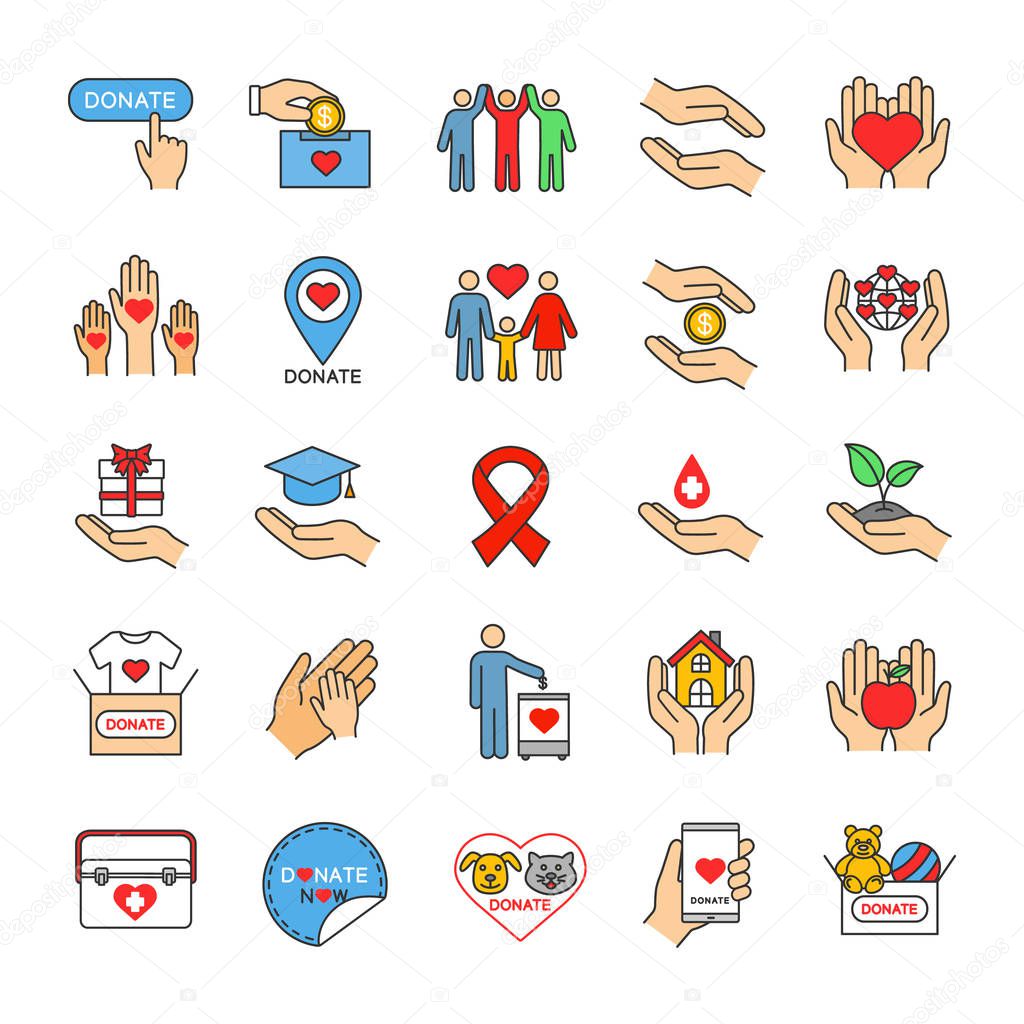 Charity color icons set. Donation. Fundraising, helping hands, volunteering, humanitarian aid. Isolated vector illustrations