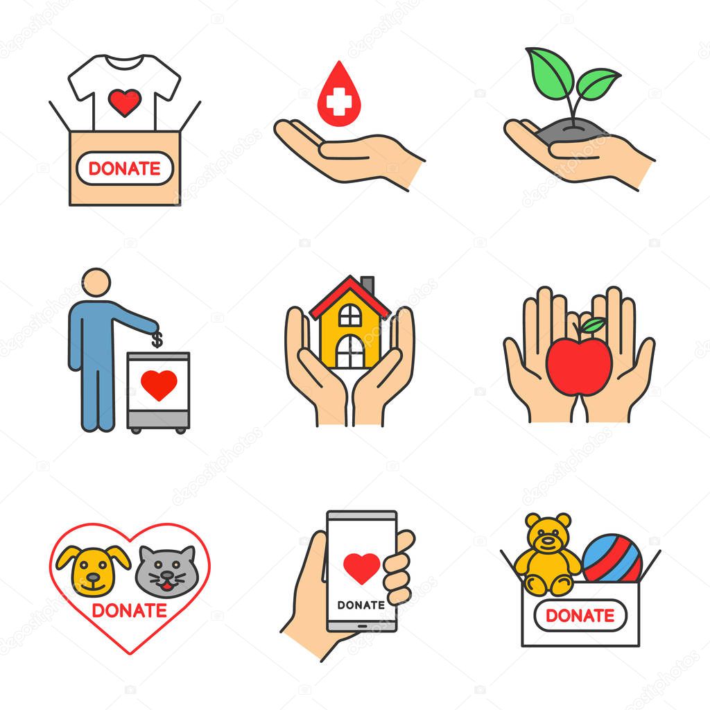 Charity color icons set. Blood, toys, clothes, food donation, greening, fundraising, shelter for homeless, animals welfare, smartphone donation app. Isolated vector illustrations