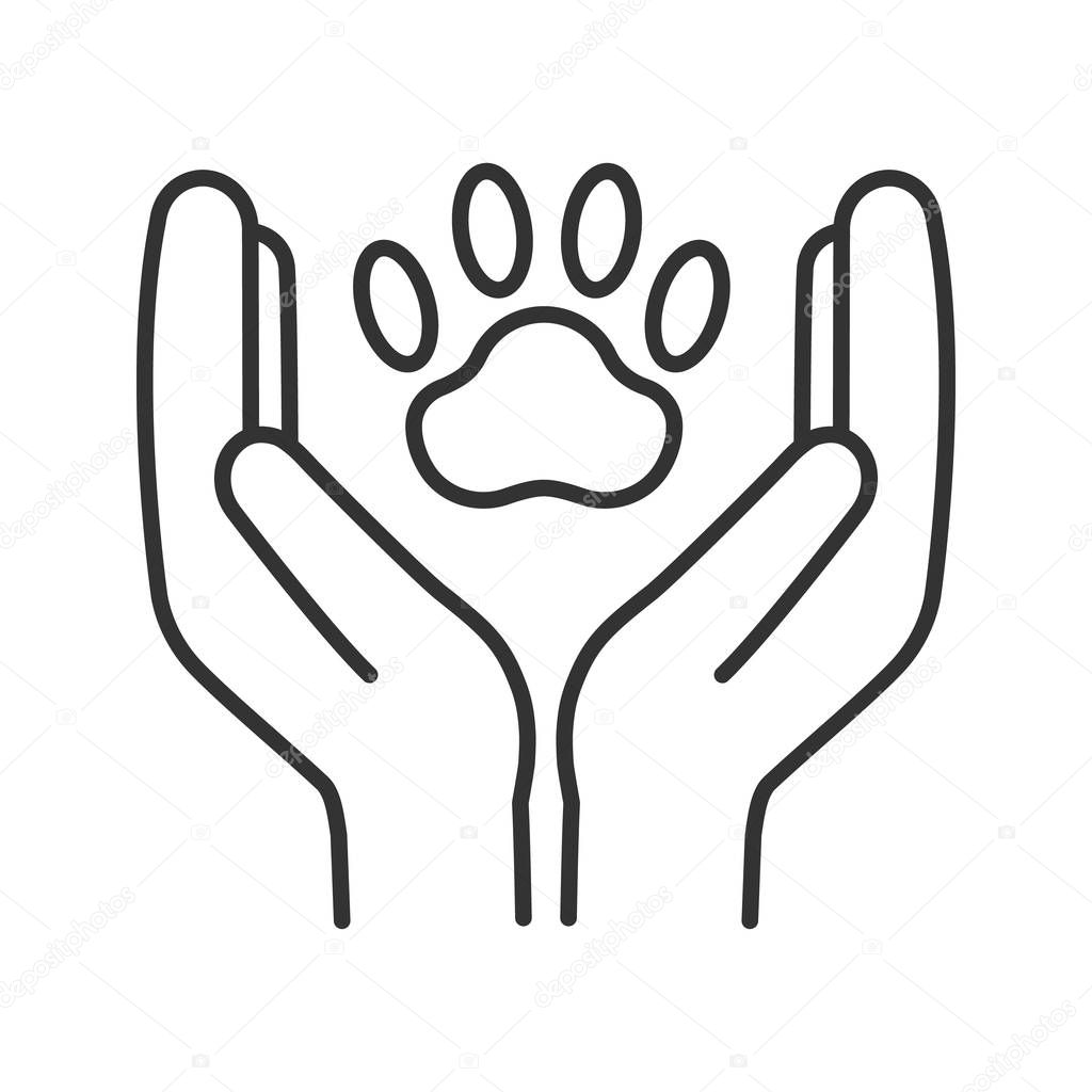 Animal welfare linear icon. Thin line illustration. Hands holding paw. Pets care. Contour symbol. Vector isolated outline drawing