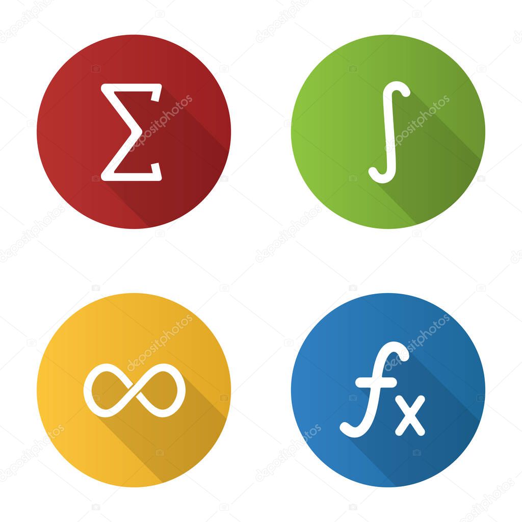 Mathematics flat design long shadow glyph icons set. Sigma, integral, infinity sign, function. Vector silhouette illustration