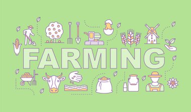 Tarım kelime kavramları afiş. Tarım. Tarım sektörü. Tipografi fikir doğrusal simgeleri ile harfler izole. Tahıl, Hayvancılık, Tavukçuluk. Vektör anahat çizim