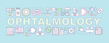 Oftalmoloji kelime kavramları afiş. Görsel sağlık. Optometri. Göz sorunları teşhis ve tedavi. Tipografi fikir doğrusal simgeleri ile harfler izole. Vektör anahat çizim