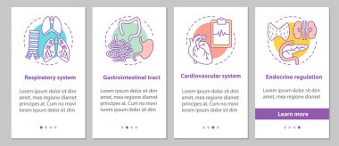 İnsan anatomisi onboarding mobil uygulaması sayfa ekran kavramları ile. Solunum ve kalp-damar sistemi, gastrointestinal sistem adımları grafik yönergeleri. UX, UI, GUI vektör şablon resimler
