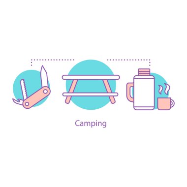 Kamp kavramı simge. Açık rekreasyon fikir ince hat illüstrasyon. Piknik. Tablo, çakı, termos. Çizim vektör izole anahat