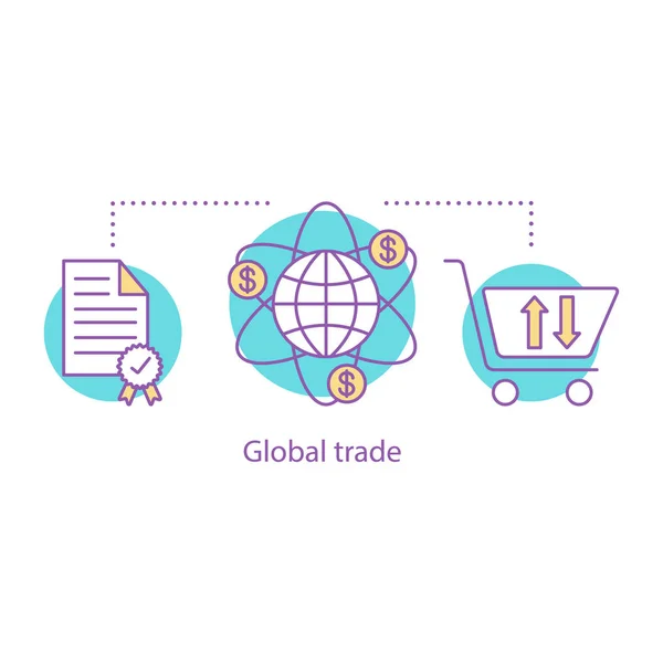 国際貿易の概念のアイコン グローバル アイデア細い線図を購入します 世界中に分布 ベクトル分離外形図 — ストックベクタ