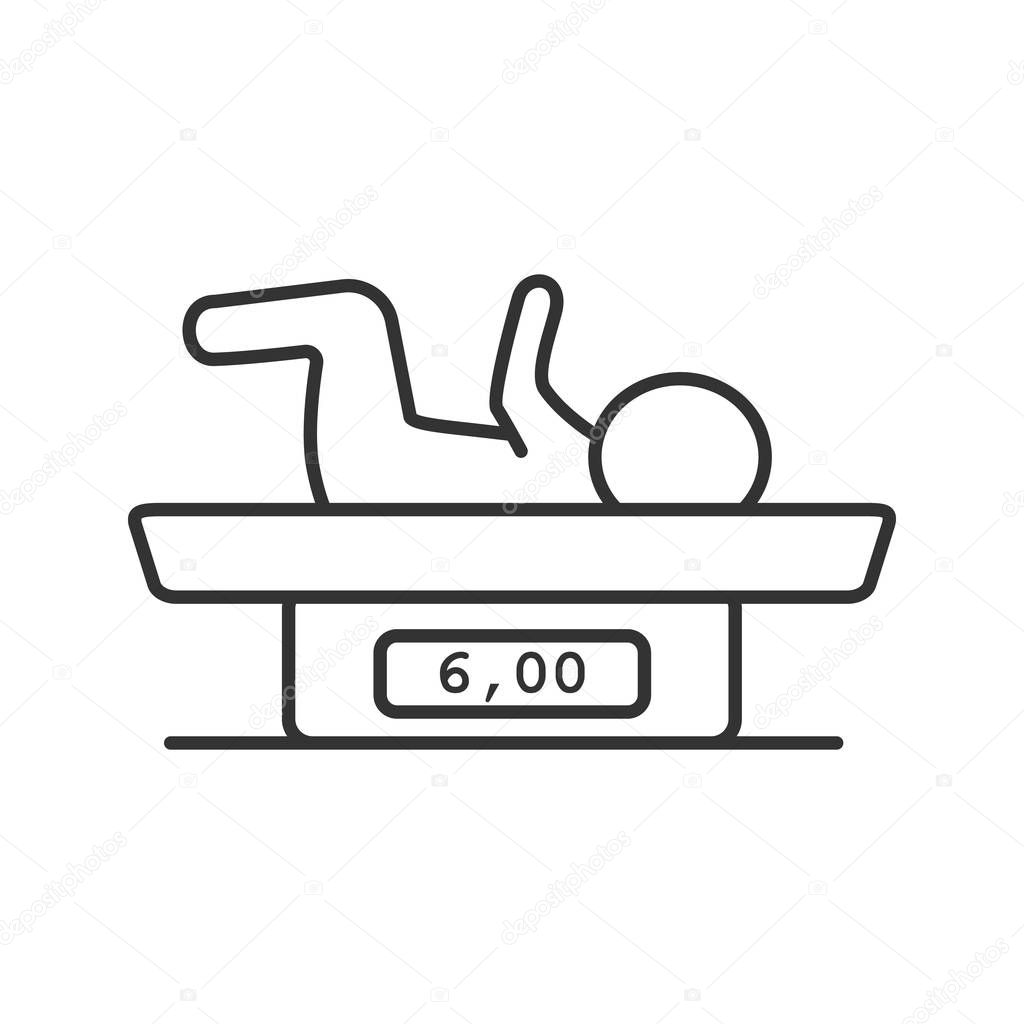 Baby scales linear icon. Thin line illustration. Newborn child weighing. Contour symbol. Vector isolated outline drawing