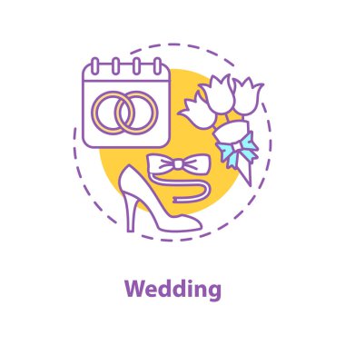 Düğün kavramı simge. Nişan fikir ince hat illüstrasyon. Evlilik kutlama. Yüzük, çiçek buketi, elbise ile takvim. Çizim vektör izole anahat