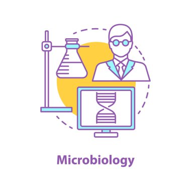 Mikrobiyoloji kavramı simge. Bilim laboratuarı fikir ince hat illüstrasyon. Mikroorganizmaların incelenmesi. Yüzük Ayaklıklı flask, mikrobiyolog, laboratuvar bilgisayar. Çizim vektör izole anahat