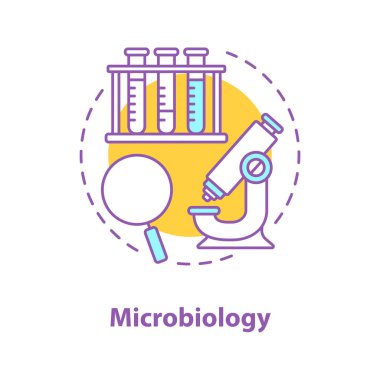 Mikrobiyoloji kavramı simge. Bilim laboratuarı fikir ince hat illüstrasyon. Mikroorganizmaların incelenmesi. Mikroskop, cam, test tüpleri raf büyütme. Çizim vektör izole anahat