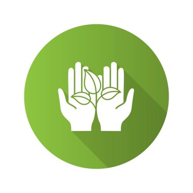 Greening düz tasarım uzun gölge glif simgesi. Çevre koruma. Açık el ile filiz. Tarım. Vektör siluet çizimi