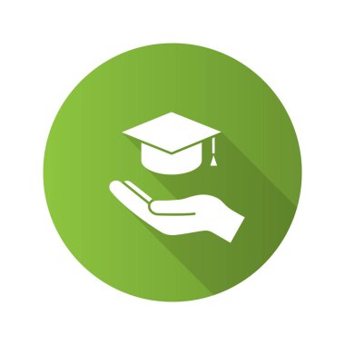 Erişilebilir veya ücretsiz eğitim düz tasarım uzun gölge glif simgesi. Açık el mezuniyet kap ile. Diploma almak. Vektör siluet çizimi