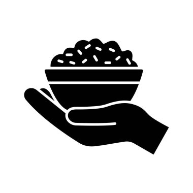 Gıda bağış glif simgesi. Siluet simge. Açık el ile ekmek kapısı. Çince ücretsiz kızarmış pilav. Negatif alan. İzole vektör çizim