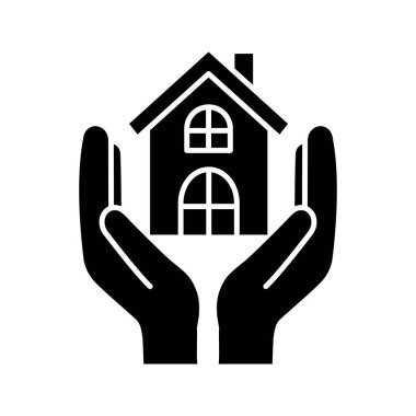 Glif simgesi konut Affordable. Siluet simge. Evsizler için barınak. Emlak sigorta. Ev holding eller. Negatif alan. İzole vektör çizim