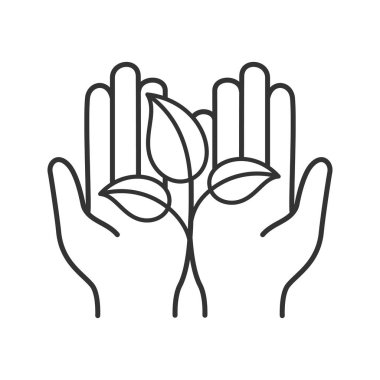 Greening doğrusal simgesi. Çevre koruma. Açık el ile filiz. Tarım. İnce hat illüstrasyon. Kontur sembolü. Çizim vektör izole anahat