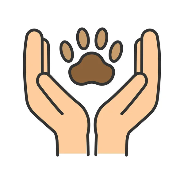 动物福利颜色图标 手拿着爪子 宠物护理 孤立向量插图 — 图库矢量图片