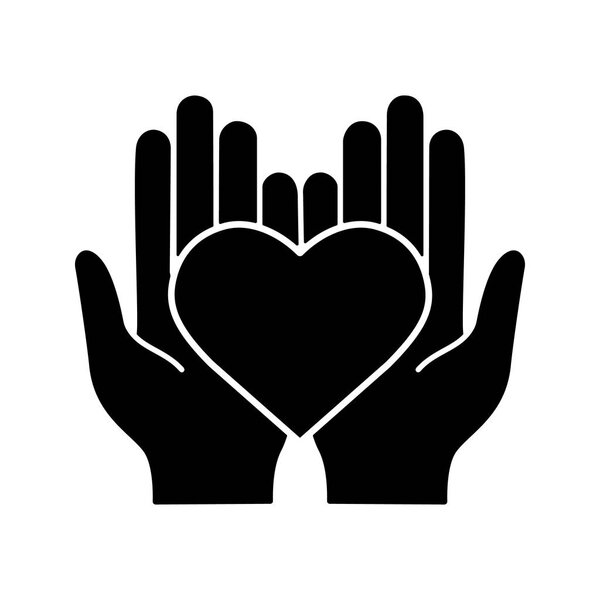 Charity glyph icon. Silhouette symbol. Life insurance. Medicine and healthcare. Hands holding heart. Negative space. Vector isolated illustration