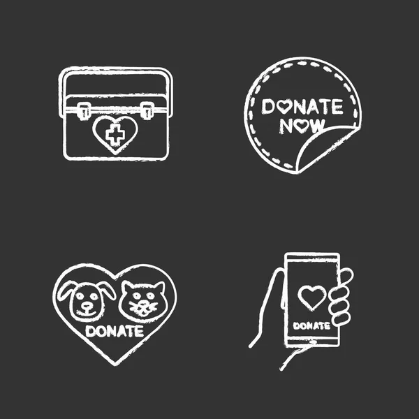 慈善粉笔图标设置 器官捐赠 慈善为宠物 现在捐赠圆的贴纸 智能手机捐赠应用 孤立的矢量黑板插图 — 图库矢量图片