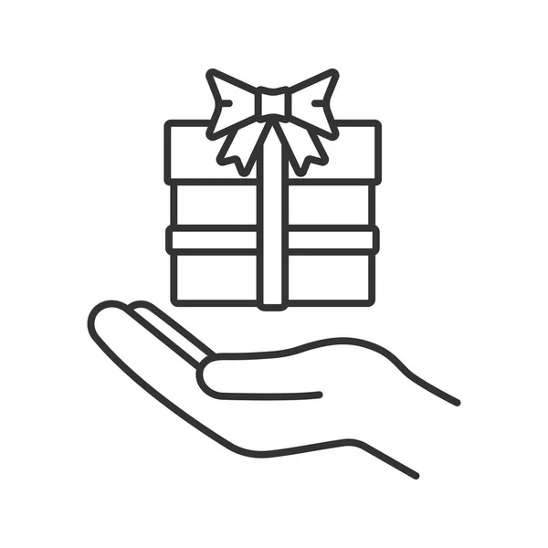 Icono Lineal Actual Mano Abierta Con Caja Regalo Ilustración Línea — Vector de stock