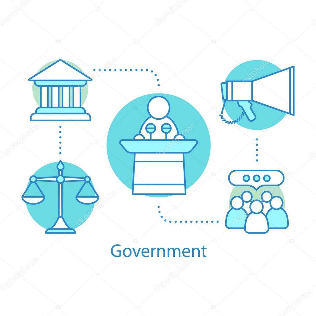 Government concept icon. Politics idea thin line illustration. Political campaign. Government system. Vector isolated outline drawing