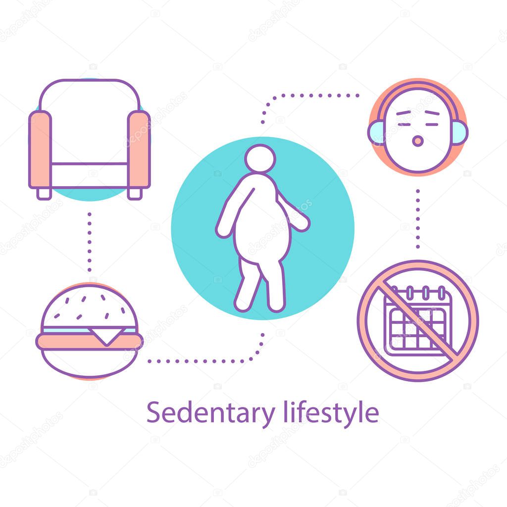 Sedentary lifestyle concept icon. Obesity problem idea thin line illustration. Physical inactivity and overweight. Vector isolated outline drawing