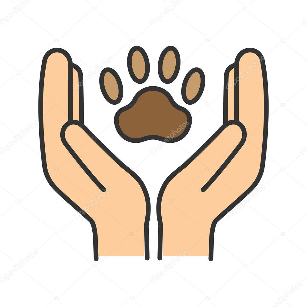 Animal welfare color icon. Hands holding paw. Pets care. Isolated vector illustration