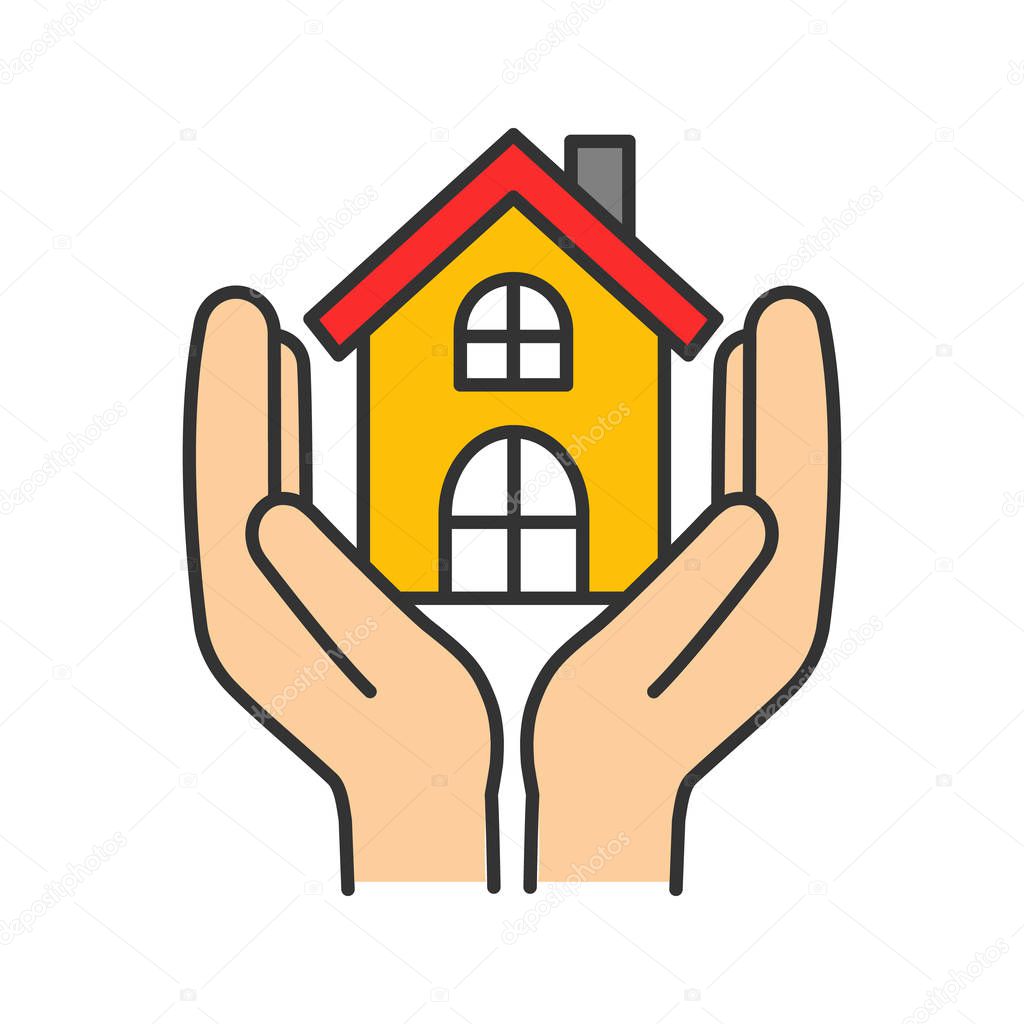 Affordable housing color icon. Shelter for homeless. Real estate insurance. Hands holding house. Isolated vector illustration