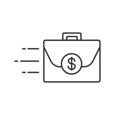 Dolar işareti doğrusal simgesi olan evrak çantası. İnce hat illüstrasyon. İş yatırım. Portföy. Para bavul. Kontur sembolü. Çizim vektör izole anahat