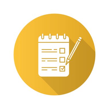 Düz doğrusal uzun gölge simge listesi yapmak için. Kalem ile not etmek. Not almak. Denetim listesi. Vektör anahat simgesini