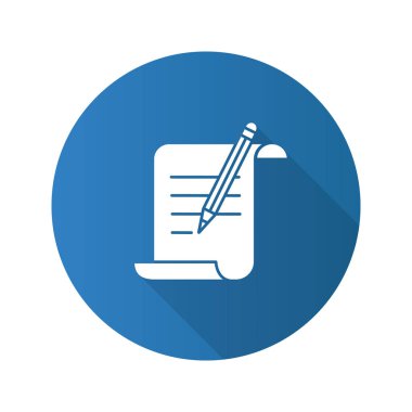 Kağıt kaydırma metin ve kalem düz doğrusal uzun gölge simgesi olan. El yazısı. Belge, sertifika, el yazması. Vektör anahat simgesini