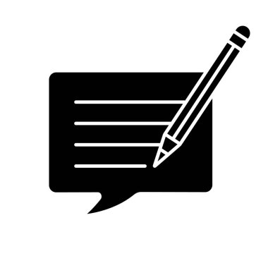 Yazma ileti glif simgesi. Sohbet. İleti düzenleme. İletişim. Kalem ile konuşma balonu. Siluet simge. Negatif alan. İzole vektör çizim