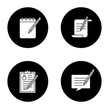 Kalem glif Icons set ile yazılıyor. Kağıt kaydırma, Not defteri, imzalı belge, mesaj yazma. Vektör beyaz siyah daireler resimlerde siluetleri