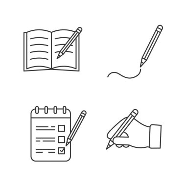 Kalem doğrusal Icons set ile yazılıyor. Çizim listelemek için kalem tutan el kitabı, kopyalayın. İnce çizgi kontur sembolleri. İzole vektör anahat çizimler