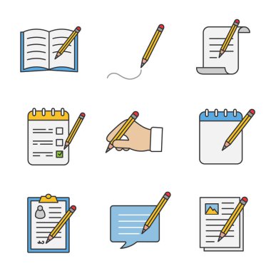Kalem rengi Icons set ile yazılıyor. El yazısı. Notlar, mesajlar, belgeler. İzole vektör çizimler
