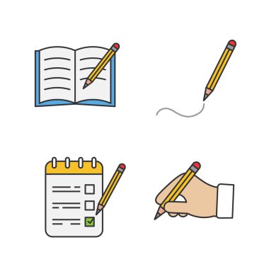 Kalem rengi Icons set ile yazılıyor. Çizim listelemek için kalem tutan el kitabı, kopyalayın. İzole vektör çizimler