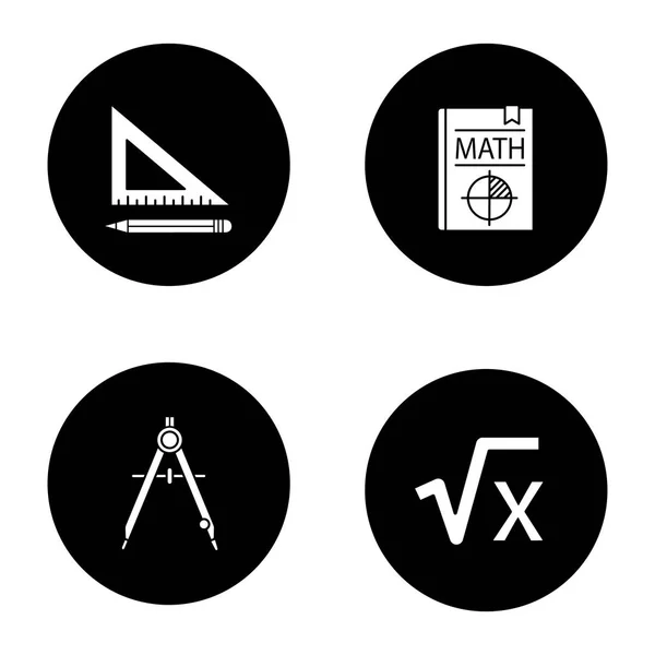 Set Icone Del Glifo Della Matematica Righello Triangolare Matita Libro — Vettoriale Stock