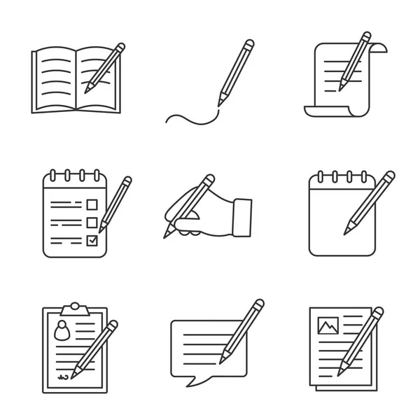 Scrivere Con Matita Set Icone Lineari Calligrafia Note Messaggi Documenti — Vettoriale Stock