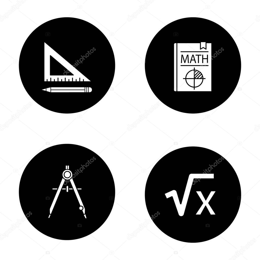 Mathematics glyph icons set. Triangular ruler and pencil, math textbook, drawing compass, square root of x. Vector white silhouettes illustrations in black circles
