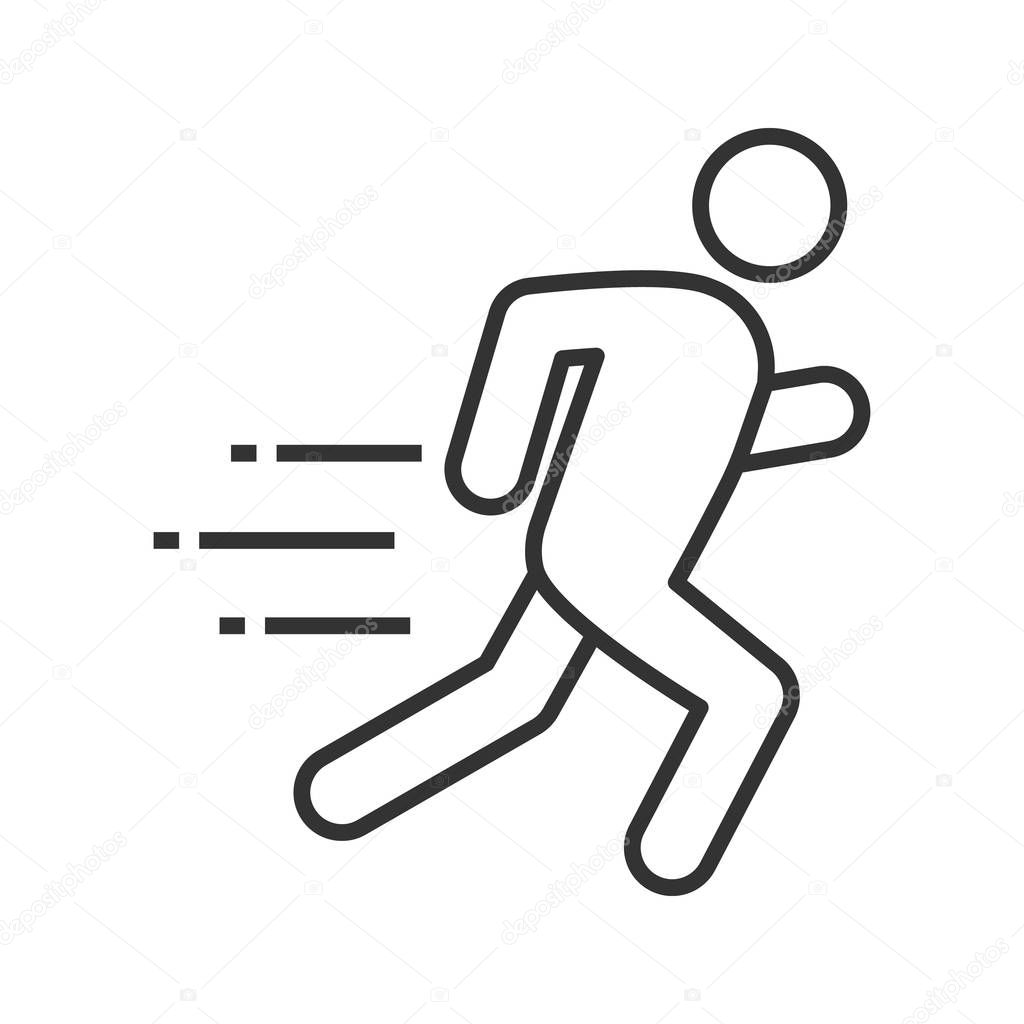 Running man linear icon. Thin line illustration. Runner, sprinter. Escape. Jogging. Motion contour symbol. Vector isolated outline drawing