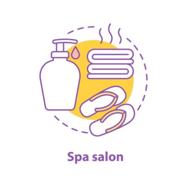 Spa salonu konsept simgesi. Vücut bakım fikir ince hat illüstrasyon. Banyo alarak aksesuarları. Havlu, sabun, terlik. Çizim vektör izole anahat