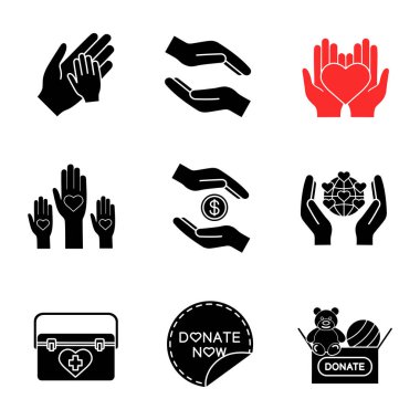 Sadaka glif simgeler kümesi. Siluet simgeler. Eller yardım, şimdi etiket, toprak tasarrufu, oyuncak bağış, organ nakli kutusu, birlik içinde çeşitlilik bağış yapın. İzole vektör çizim