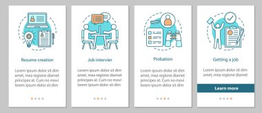Yeni iş süreci onboarding mobil uygulaması sayfa ekran doğrusal kavramları ile alıyorum. Özgeçmiş oluşturma, iş görüşmesi, denetimli serbestlik adımları grafik yönergeleri. UX, UI, GUI vektör şablon resimler
