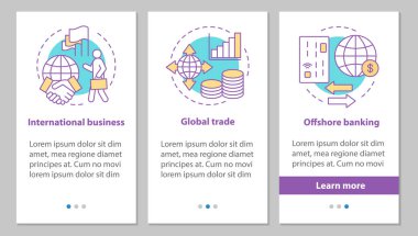 Uluslararası İlişkiler onboarding mobil uygulaması sayfa ekran kavramları ile. Bankacılık, küresel ticaret, uluslararası iş adımları grafik yönergeleri. UX, UI, GUI vektör şablon resimler