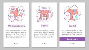 Doğrusal kavramları ile zor ilişkiler onboarding mobil uygulaması sayfa ekran. Yanlış anlama, kavga, çatışma adımları grafik yönergeleri. UX, UI, GUI vektör şablon resimler