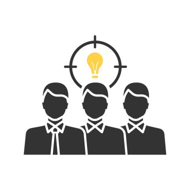 Ekip çalışması glif simgesi. Liderlik. Ekip fikir üretmek. Sorunları çözme. Personel, personel. Siluet simge. Negatif alan. Grup ampul ile insan. İzole vektör çizim