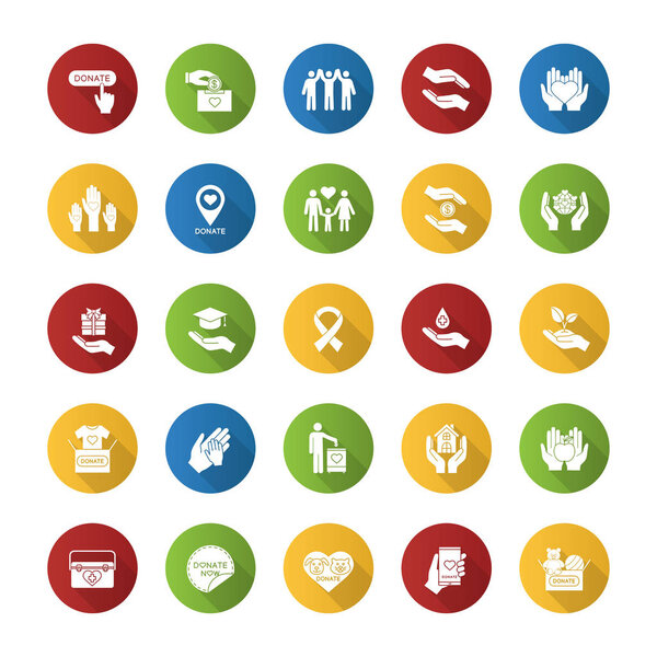 Charity flat design long shadow glyph icons set. Donation. Fundraising, helping hands, volunteering, humanitarian aid. Vector silhouette illustration
