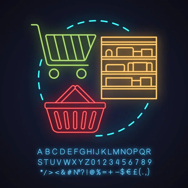 食料品ショップ ネオン ライト コンセプト アイコン アイデアを購入します スーパーの買い物 アルファベット 記号で光るサインは 分離したベクトル図 — ストックベクタ
