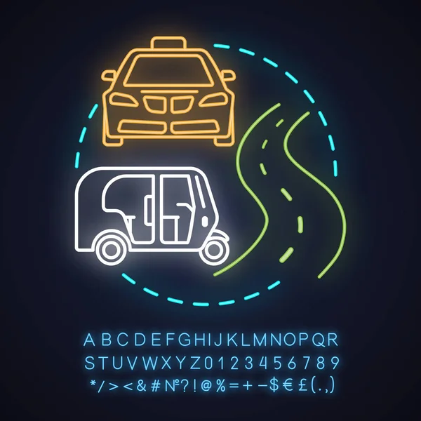 出租车服务霓虹灯概念图标 城市交通的理念 汽车和汽车人力车 带有字母 数字和符号的发光符号 矢量隔离插图 — 图库矢量图片