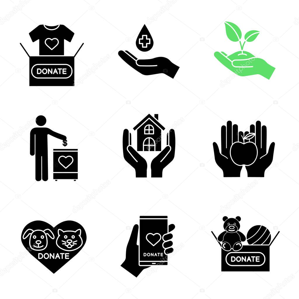 Charity glyph icons set. Silhouette symbols. Blood, toys, clothes, food donation, greening, fundraising, shelter for homeless, animals welfare, smartphone donation app. Vector isolated illustration